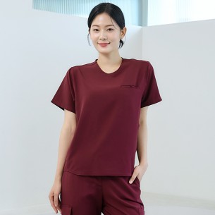 여성 크루넥 사이드포켓 스크럽 티셔츠/버건디-ET-103W-4